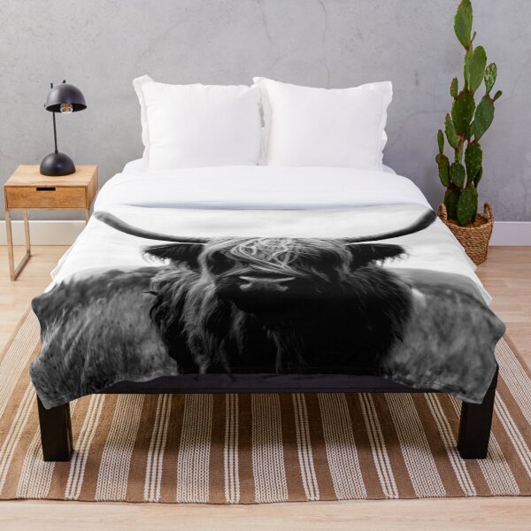 Scottish Highland Cattle - Black and White Animal Photography Throw Blanket
