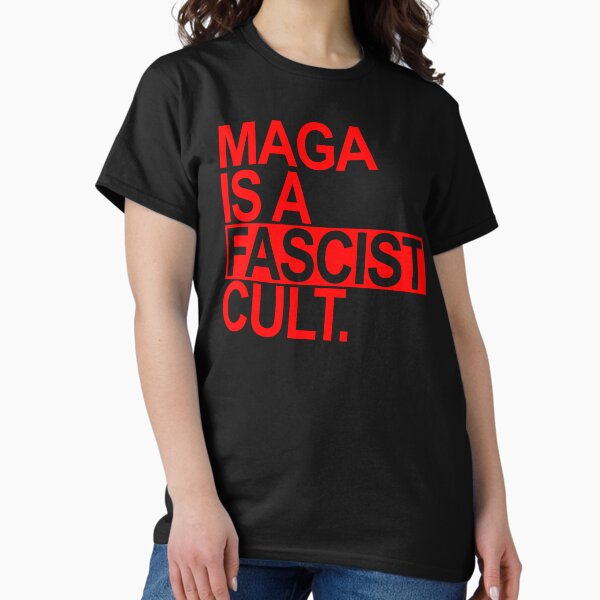 Vista previa del artículo con la obra «MAGA es un culto FASCISTA (rojo)», diseñado y vendido por Thelittlelord.