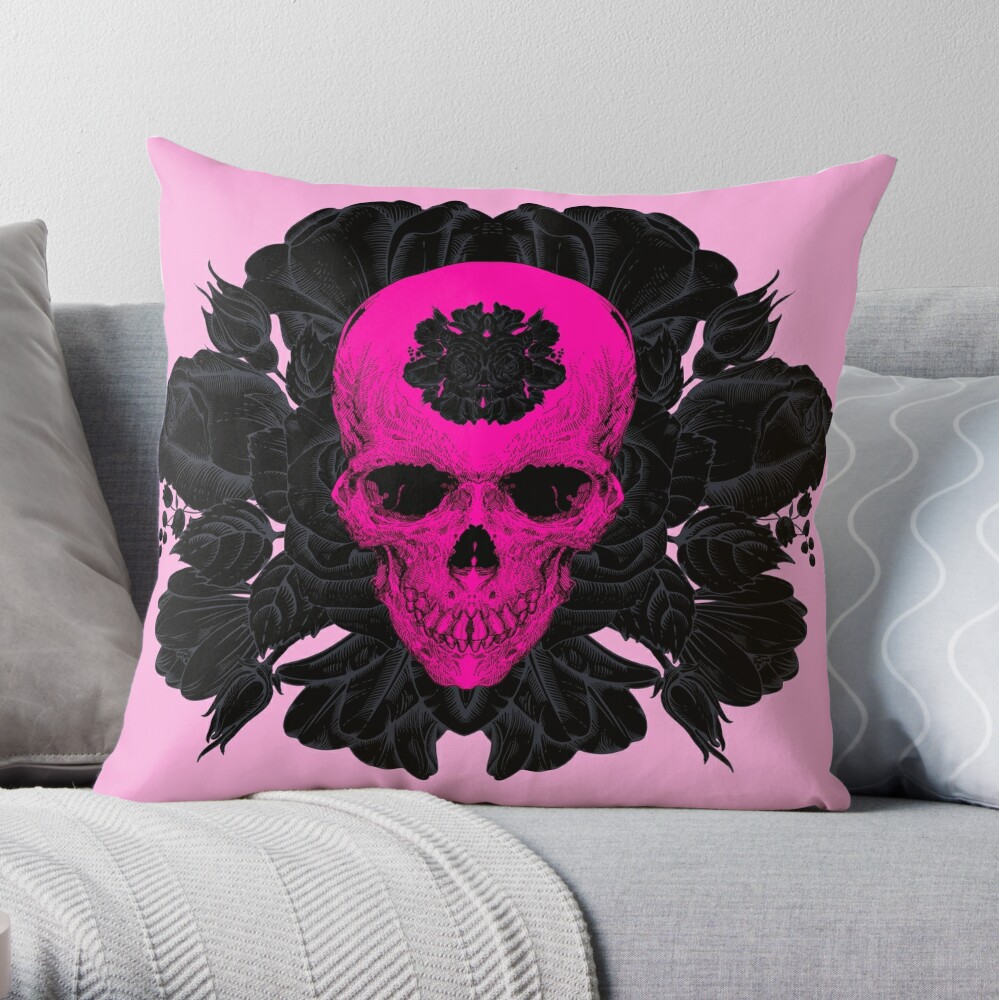 Goth Pink Skull Damask Halloween Glam Goth Black Throw Pillow