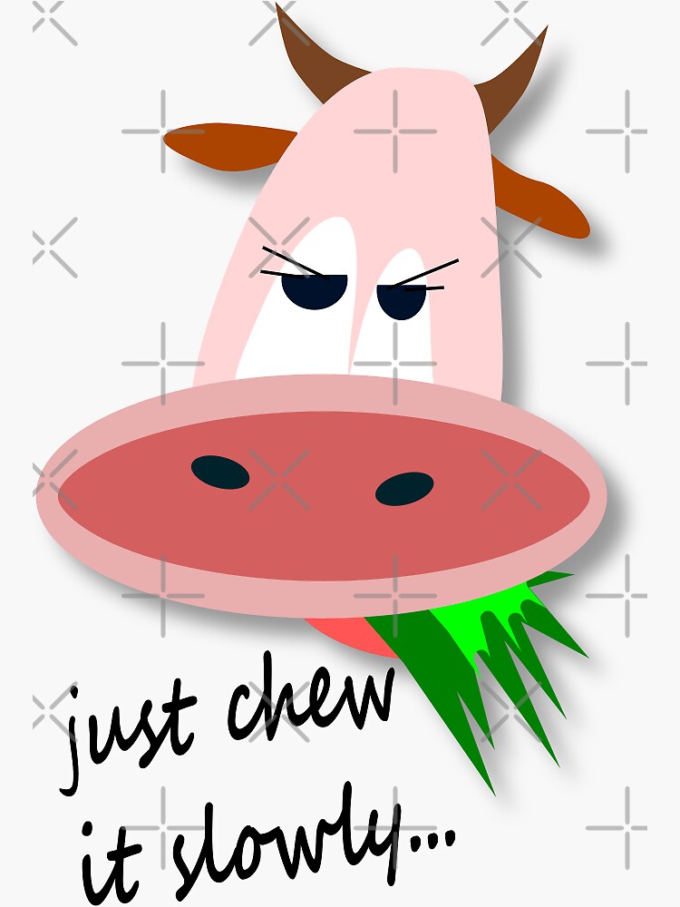 A pink cow is chewing grass. Just chew it slowly Sticker for Sale