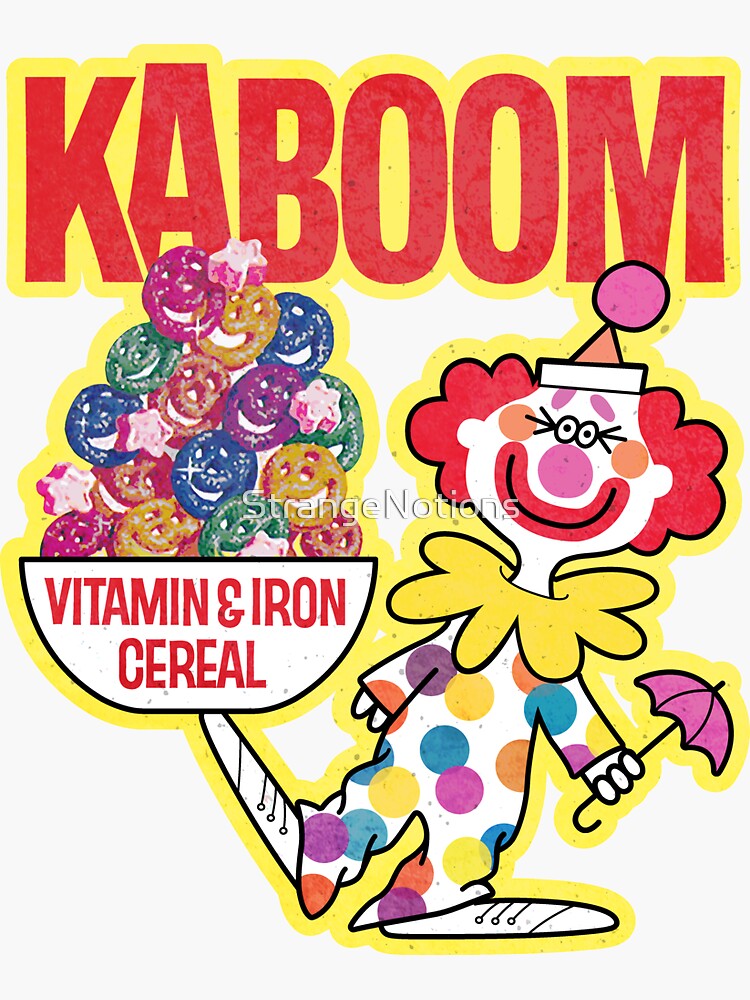 "Defunct Kaboom Breakfast Cereal Box Art with Clown Mascot" Sticker for