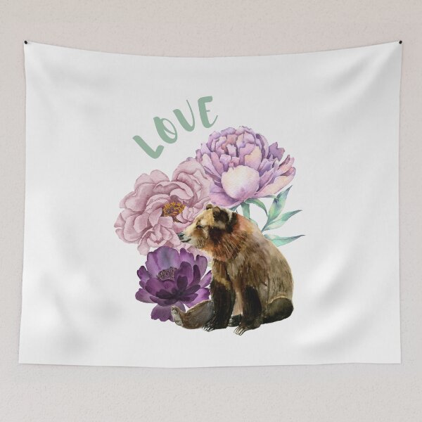 Item preview, Whimsical Bear and Peonies Love, Watercolor  designed and sold by BohemiWANDERS.