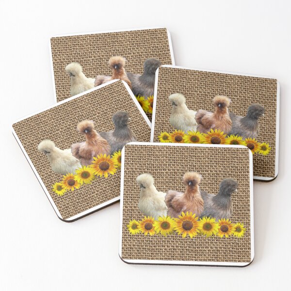 Item preview, Farmhouse Silkie Bantam Chicken Trio with Sunflowers on Chunky Burlap 2 designed and sold by StandoutSilkies.