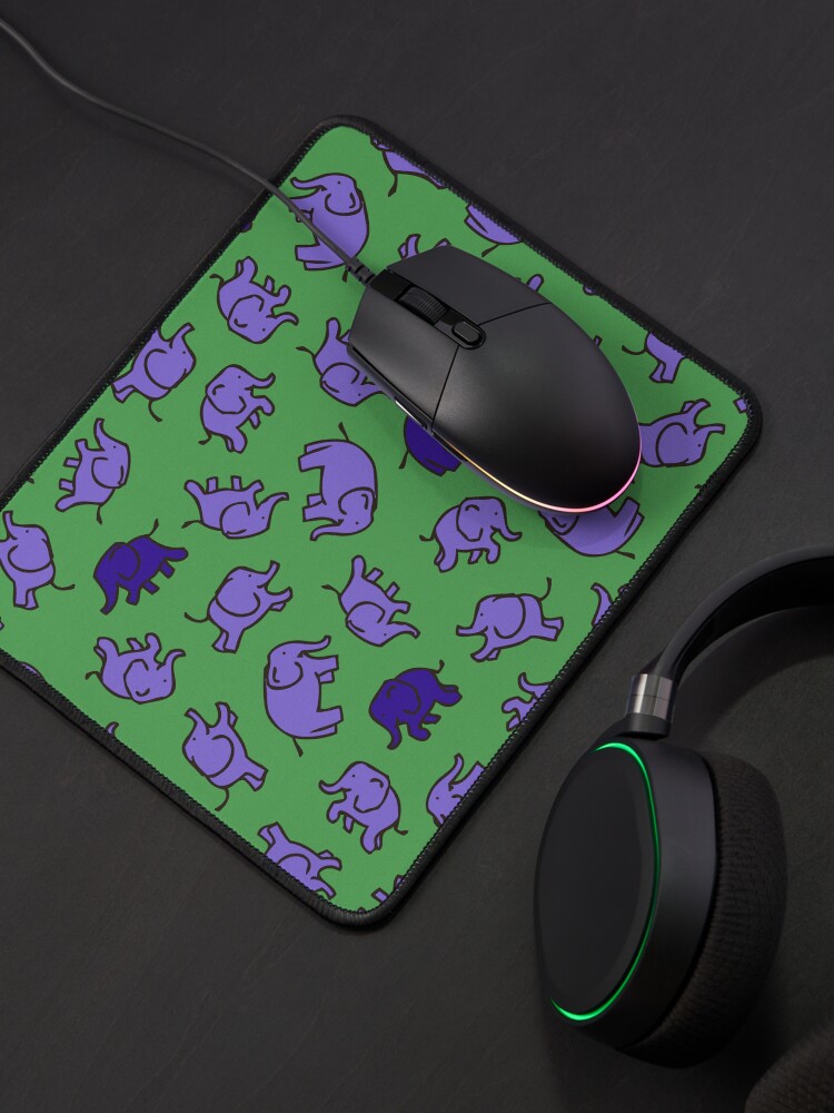Alternate view of Elephants - Lilac and Blue on Green - cute, fun pattern by Cecca Designs Mouse Pad