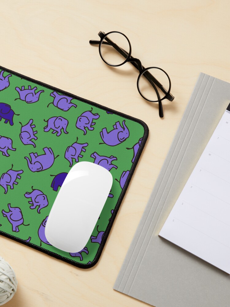 Alternate view of Elephants - Lilac and Blue on Green - cute, fun pattern by Cecca Designs Mouse Pad
