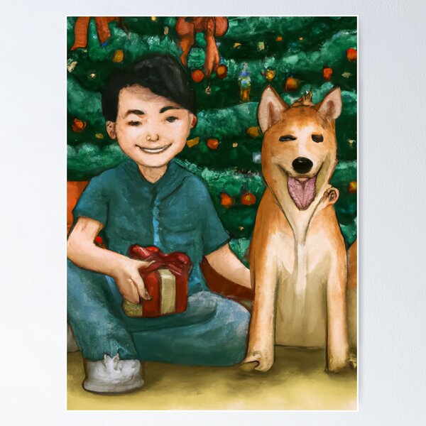 A boy and his Shiba Inu dog on Christmas morning Poster