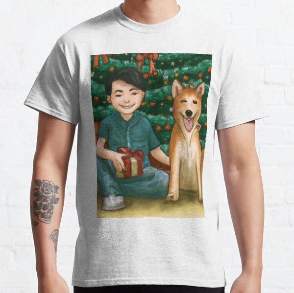 A boy and his Shiba Inu dog on Christmas morning Classic T-Shirt