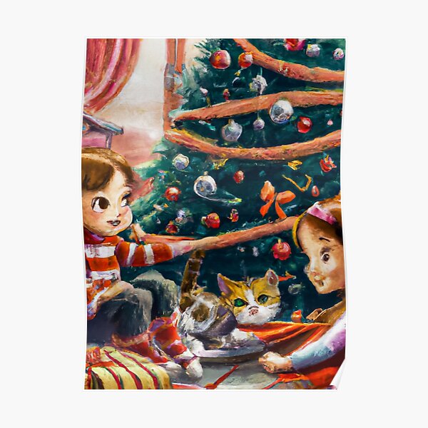 Siblings and Cat on Christmas Morning Poster