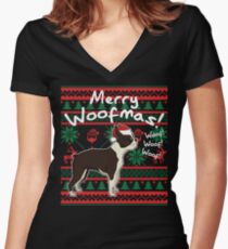 Boston Terrier Merry Woofmas, Ugly Christmas Sweater Women's Fitted V-Neck T-Shirt