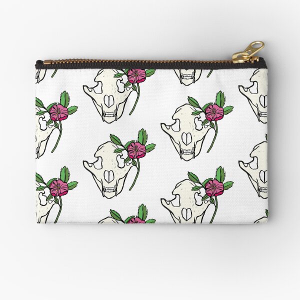 Bear Skull with Wild Rose Zipper Pouch