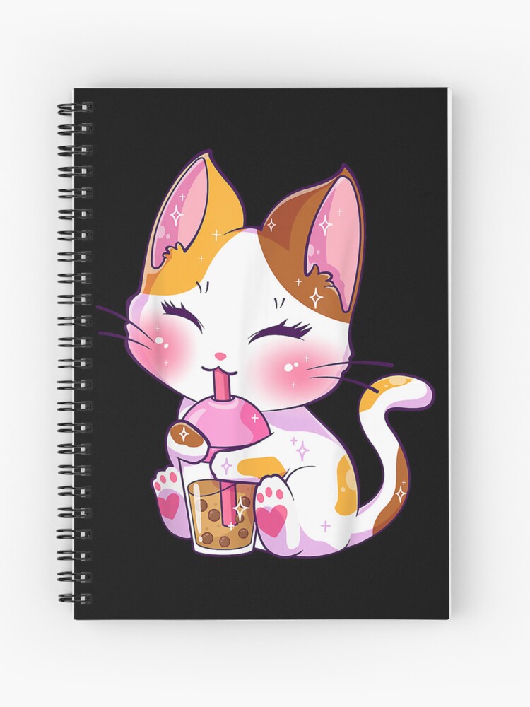 Cute Kawaii Cat Boba Bubble Milk Tea Anime Kitten Notebook: Lined 6x9 120  Pages Notebook ,Cute Anime Girl Diary or Notepad for Sketching and Writing