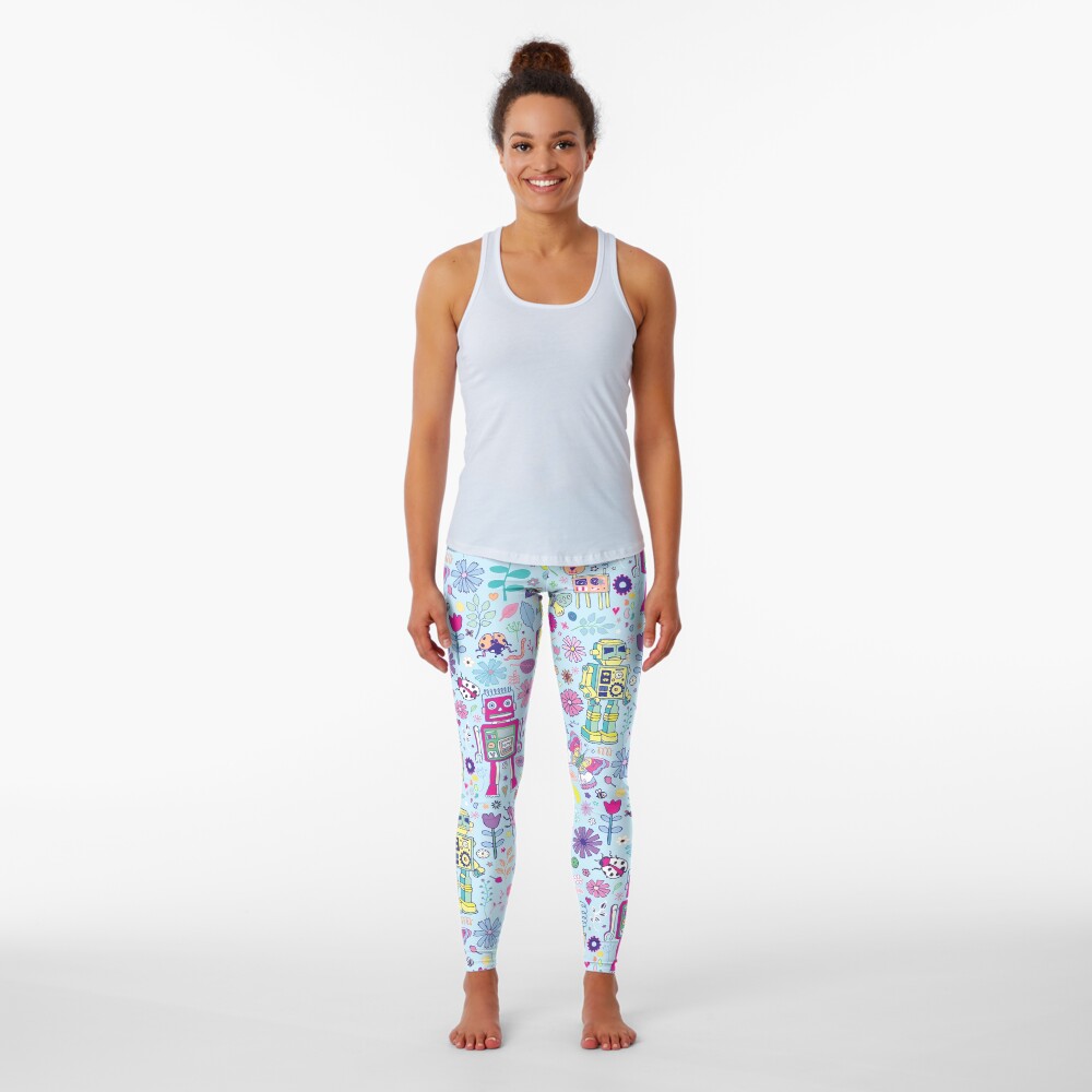 Electric Dreams - fun floral robot pattern by Cecca Designs Leggings