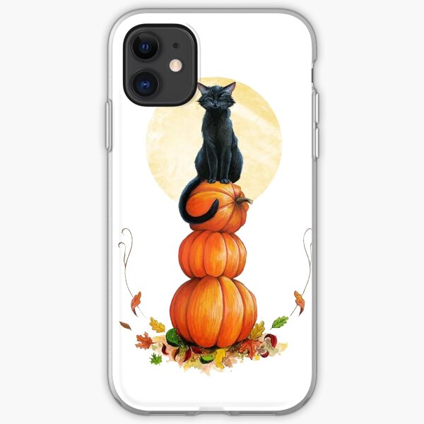 Black Cat on Pumpkins, Autumn Pumpkin Cat Art, Fall Leaves Black Cat iPhone Soft Case