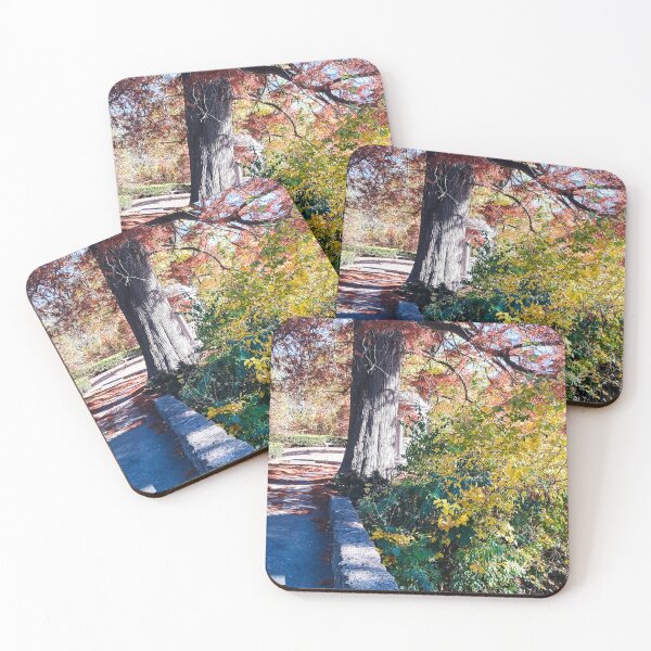 Item preview, HIDDEN TEMPLE Red Tree Autumn Stone Bridge Leaves orange and green nature pretty delicate foliage designed and sold by sandpaperdaisy.