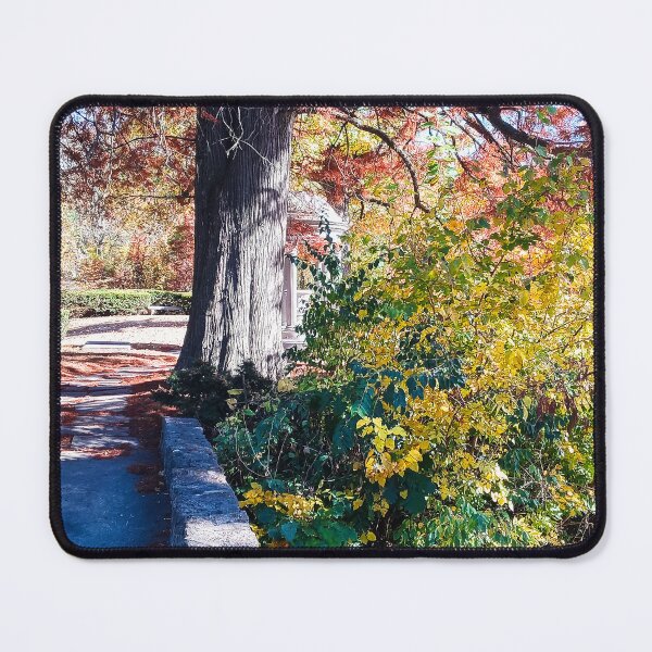 Item preview, HIDDEN TEMPLE Red Tree Autumn Stone Bridge Leaves orange and green nature pretty delicate foliage designed and sold by sandpaperdaisy.