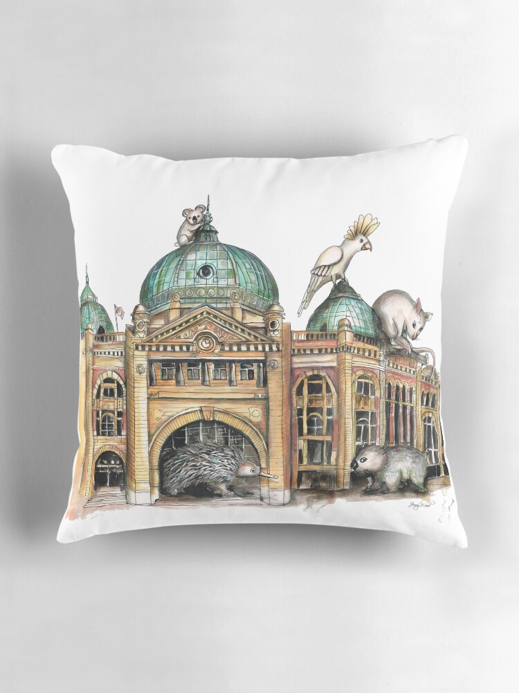 Thumbnail 3 of 4, Pillow, Flinders street station Melbourne designed and sold by dishmoptop.