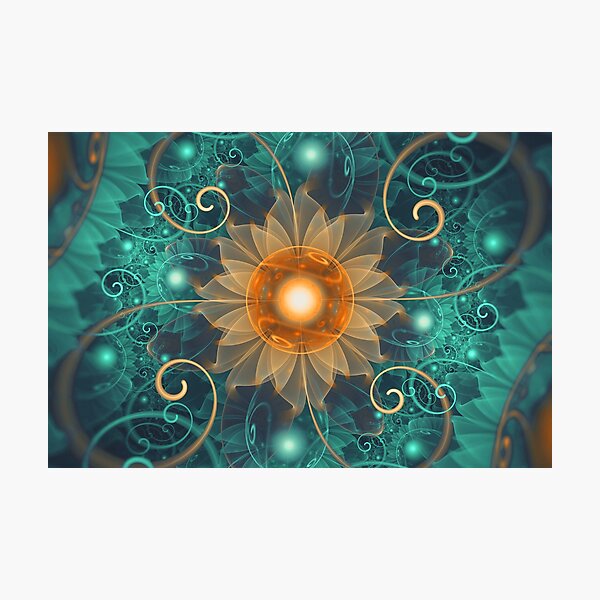 Beautiful Tangerine Orange and Teal Lotus Fractals Photographic Print