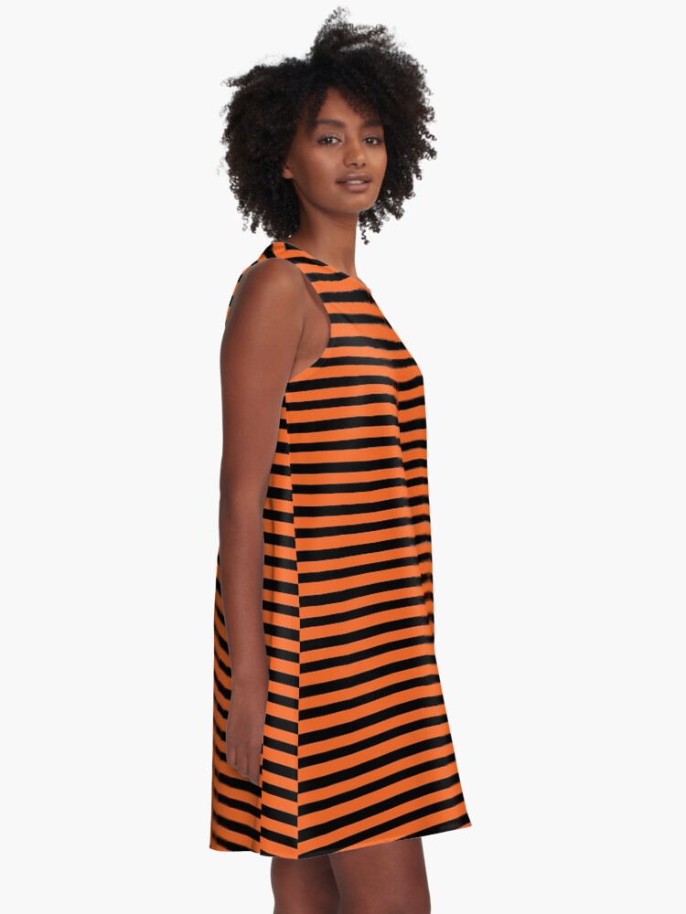 Alternate view of Halloween Stripes - Black and Orange - Classic striped pattern by Cecca Designs A-Line Dress