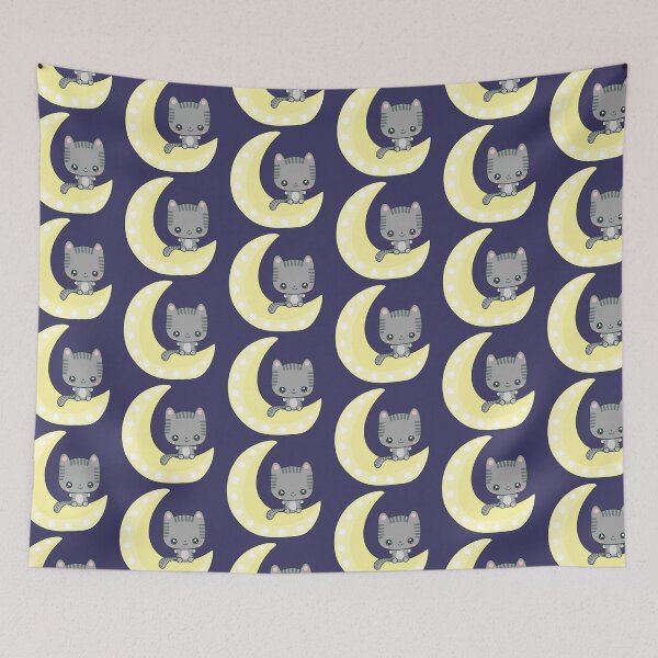 Item preview, Kawaii Grey Cat sitting on Crescent Moon designed and sold by FreyaDraws.