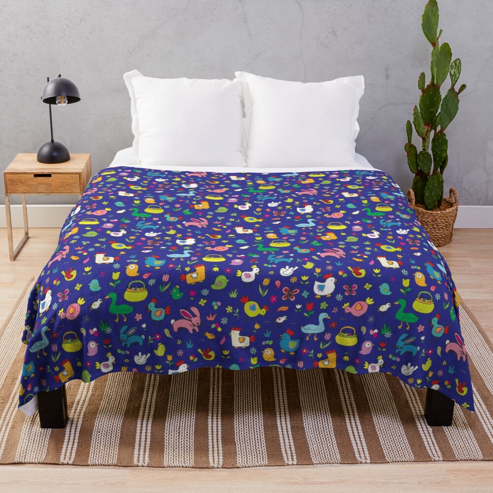 Spring Chicks and Bunnies - Blue - cute Easter pattern by Cecca Designs Throw Blanket