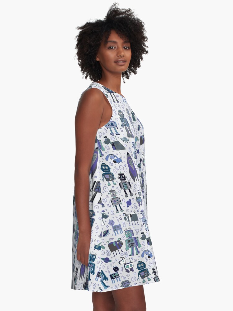 Alternate view of Robots in Space - blue and grey - fun pattern by a Cecca Designs A-Line Dress