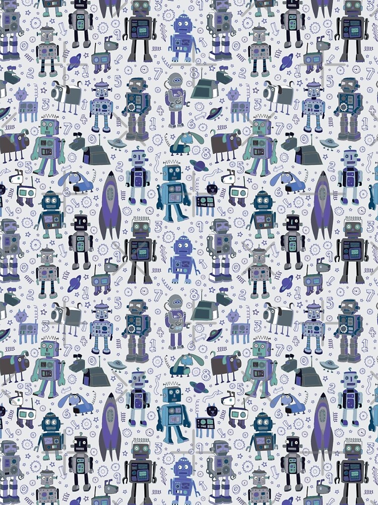Robots in Space - blue and grey - fun pattern by a Cecca Designs by Cecca-Designs