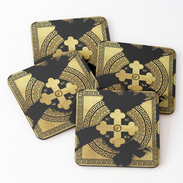 Item preview, Greek Orthodox Cross Gold Paint Black Greek Key ICXC NIKA designed and sold by Yiorgos Designs.