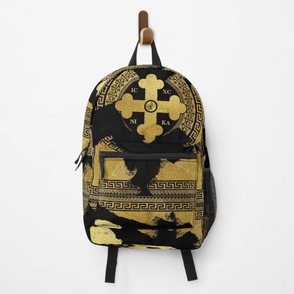 Item preview, Greek Orthodox Cross Gold Paint Black Greek Key ICXC NIKA designed and sold by Yiorgos Designs.