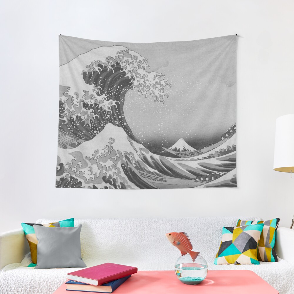 Black and White Japanese Great Wave off Kanagawa by Hokusai Tapestry