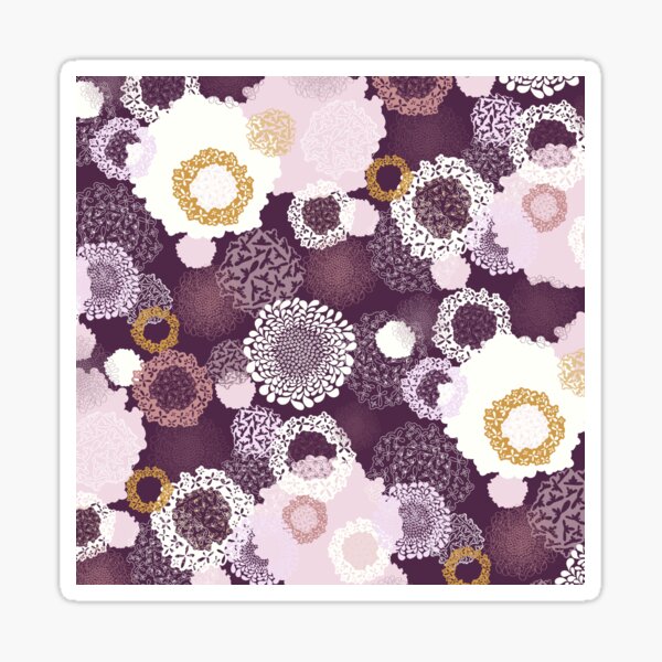 Doily Flowers in Pink, White and Mustard on Purple Sticker