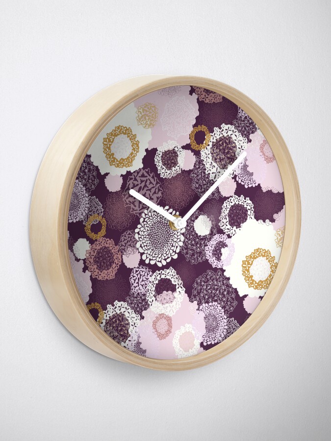 Alternate view of Doily Flowers in Pink, White and Mustard on Purple Clock