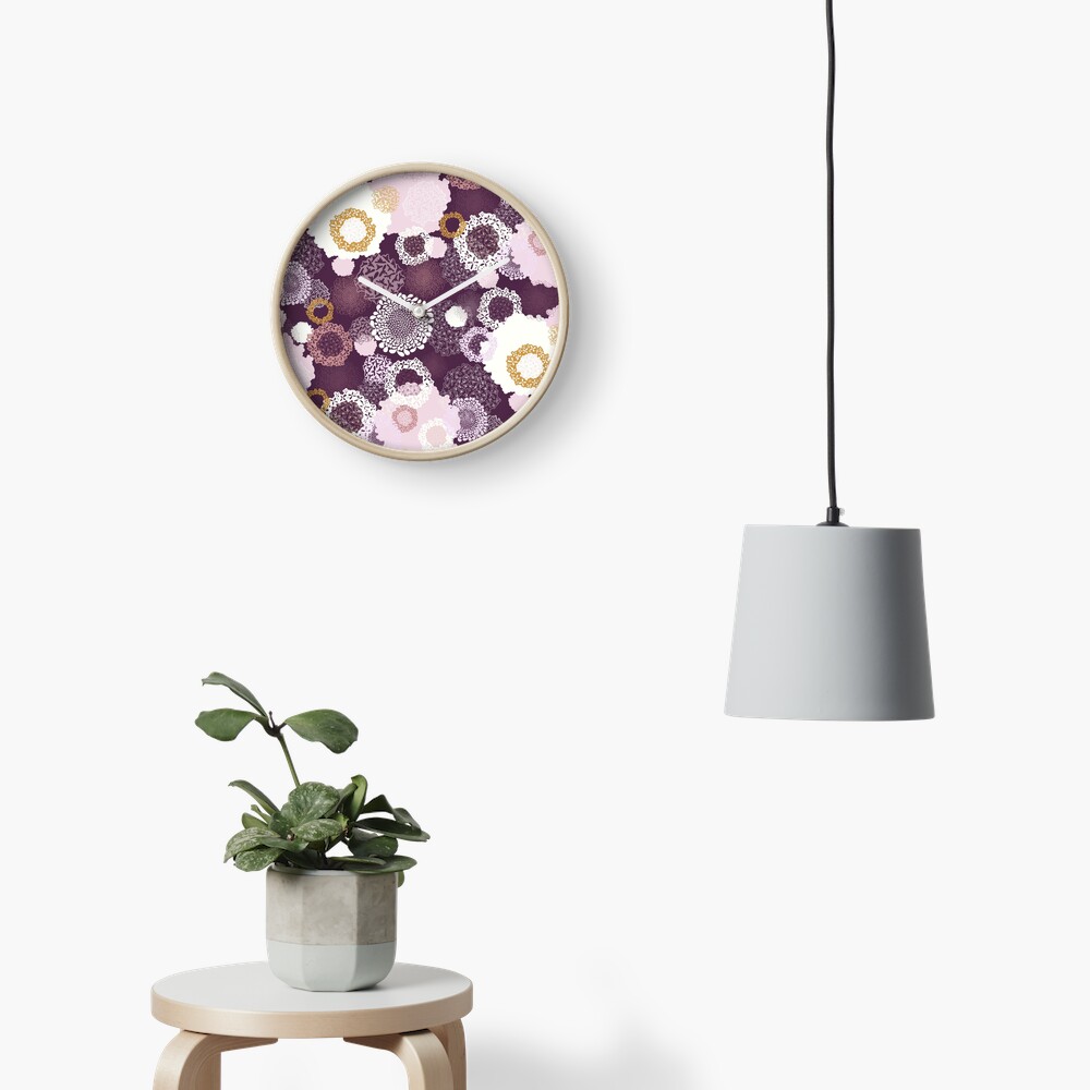 Doily Flowers in Pink, White and Mustard on Purple Clock