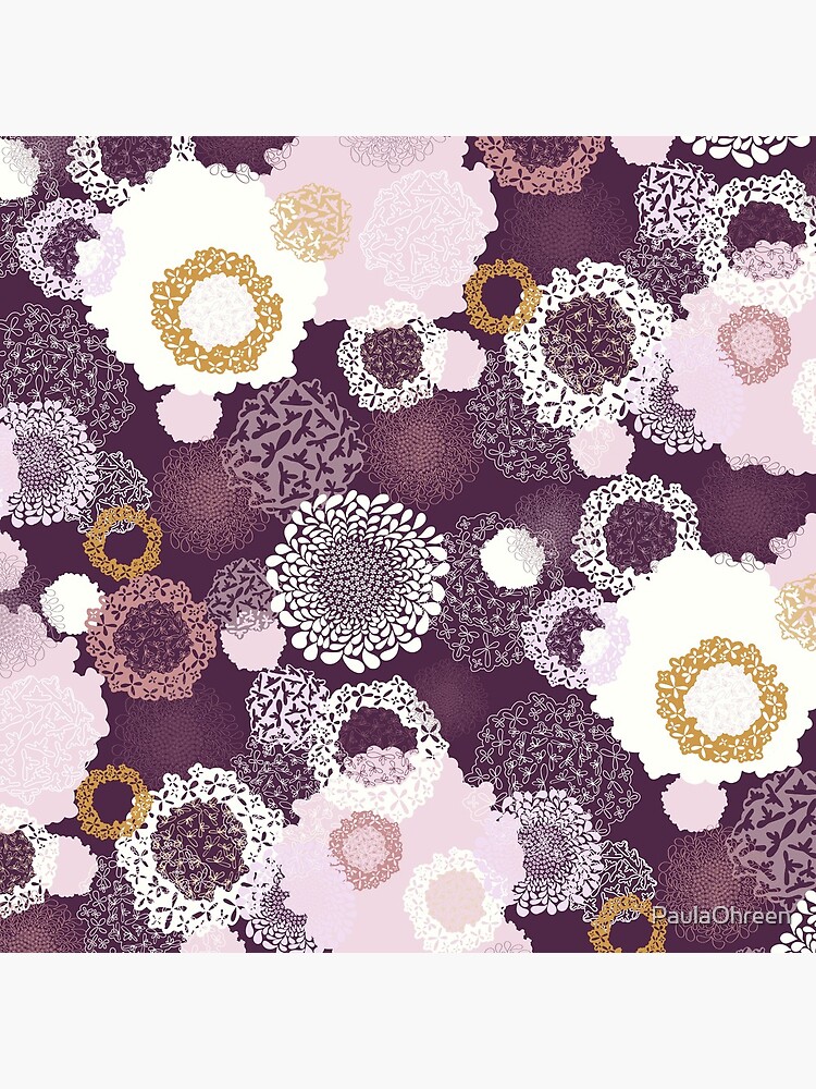 Doily Flowers in Pink, White and Mustard on Purple by PaulaOhreen