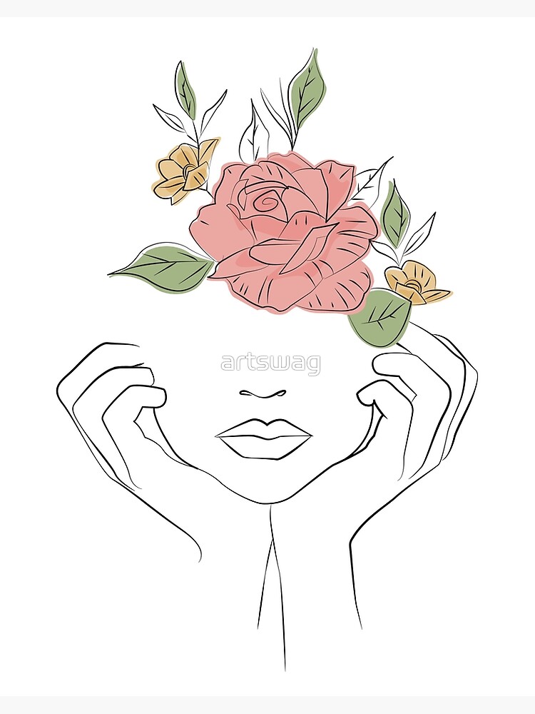 Woman with Flowers on Head - Minimalistic Line Drawing - Rose Art