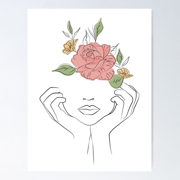 Item preview, Woman with Flowers on Head - Minimalistic Line Drawing - Rose designed and sold by artswag.