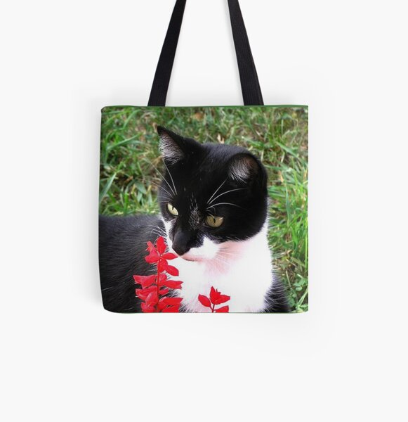 Tuxedo Cat in Garden All Over Print Tote Bag