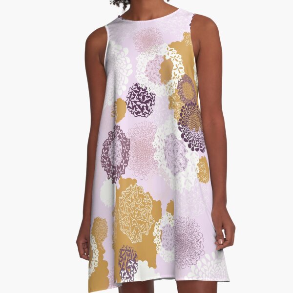 Doily Flowers in Purple, White and Mustard on Pink A-Line Dress