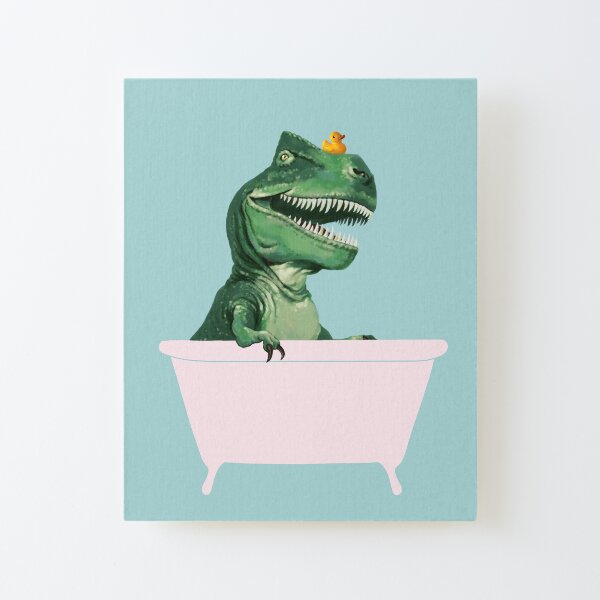 Playful T-Rex in Bathtub in Green Canvas Mounted Print