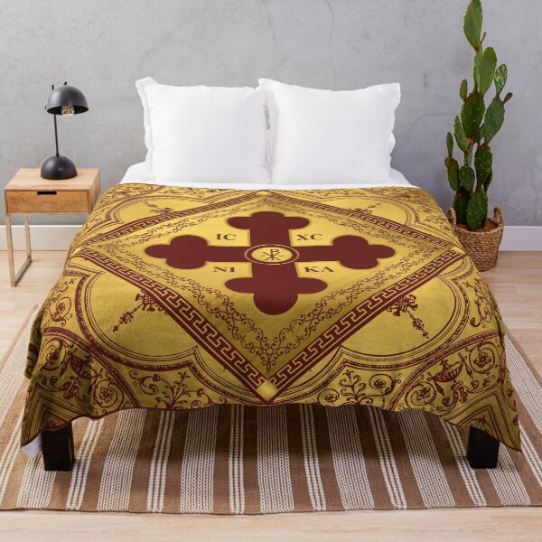 Item preview, Greek Orthodox Cross Ornate Gold Maroon Greek Key ICXC NIKA designed and sold by Yiorgos Designs.