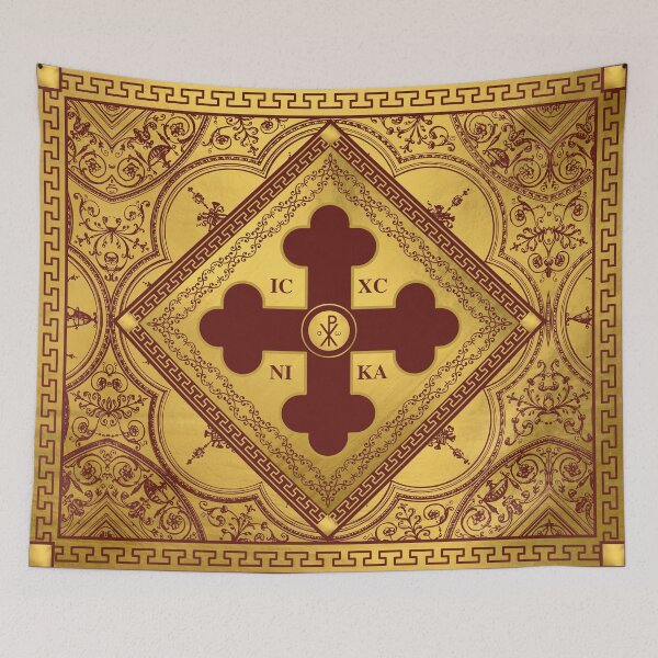 Item preview, Greek Orthodox Cross Ornate Gold Maroon Greek Key ICXC NIKA designed and sold by Yiorgos Designs.