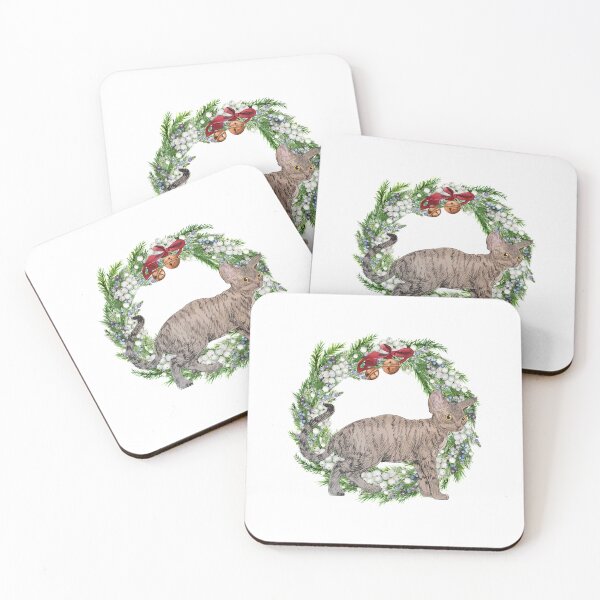 Item preview, Christmas Cat with pine Christmas wreath and golden bells designed and sold by HappyNoireArt.