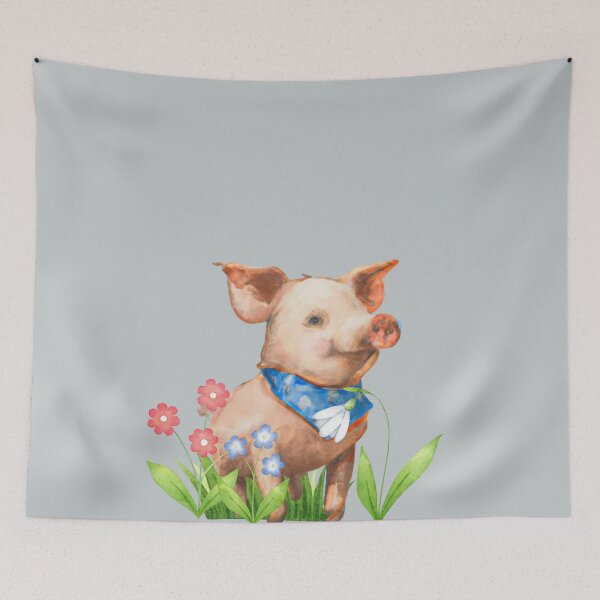 Item preview, Vintage style pig nursery art, pink piggy watercolor sketch, watercolour floral cute baby piglet, farm animal nursery art designed and sold by Artsareus.