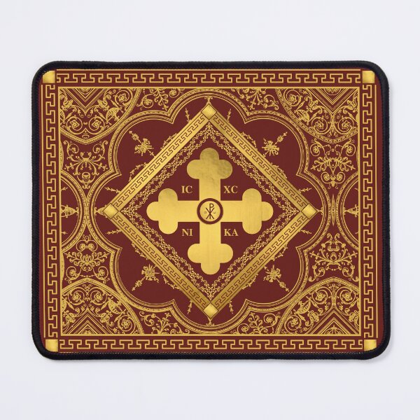 Item preview, Greek Orthodox Cross Ornate Maroon Gold Greek Key ICXC NIKA designed and sold by Yiorgos Designs.