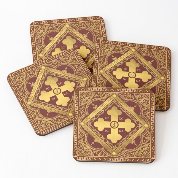 Item preview, Greek Orthodox Cross Ornate Maroon Gold Greek Key ICXC NIKA designed and sold by Yiorgos Designs.