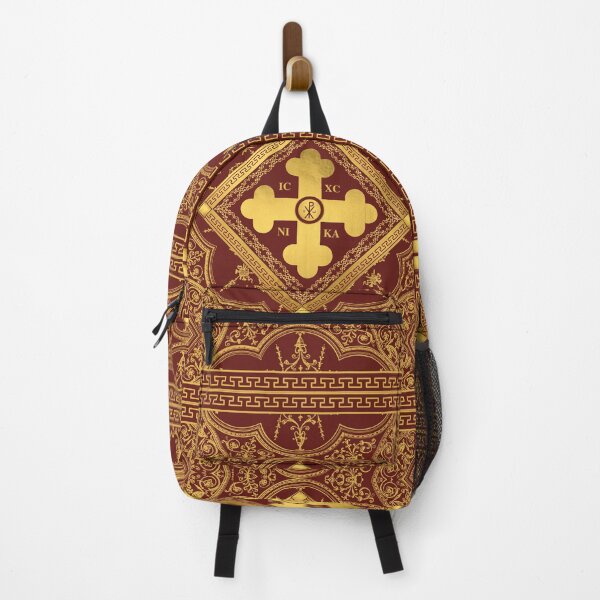 Item preview, Greek Orthodox Cross Ornate Maroon Gold Greek Key ICXC NIKA designed and sold by Yiorgos Designs.