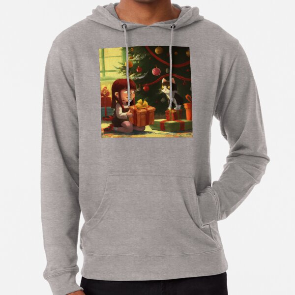 Little Girl and Black Cat on Christmas Morning Lightweight Hoodie