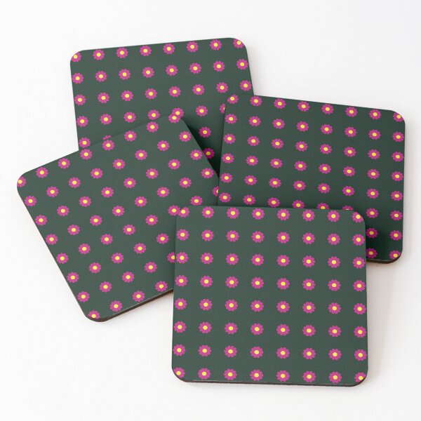 Item preview, Cerise daisies with Yellow centres on a Dark Green background designed and sold by sleepingdogprod.