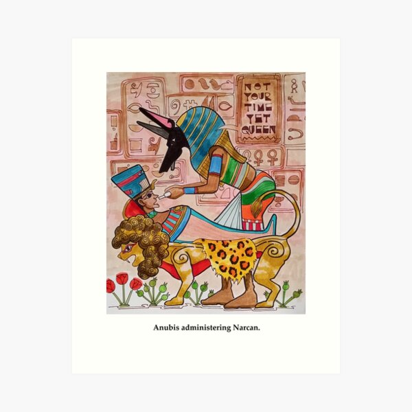Vista previa del artículo con la obra «Anubis Administrando Narcan (Reina)», diseñado y vendido por Michael Jaecks.
