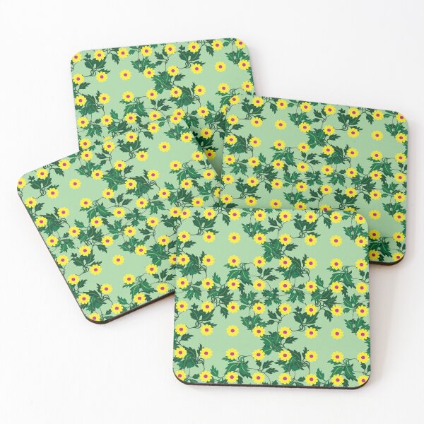 Item preview, Yellow daisies with Cerise centres over layers of vine leaves on a Spearmint Green background designed and sold by sleepingdogprod.