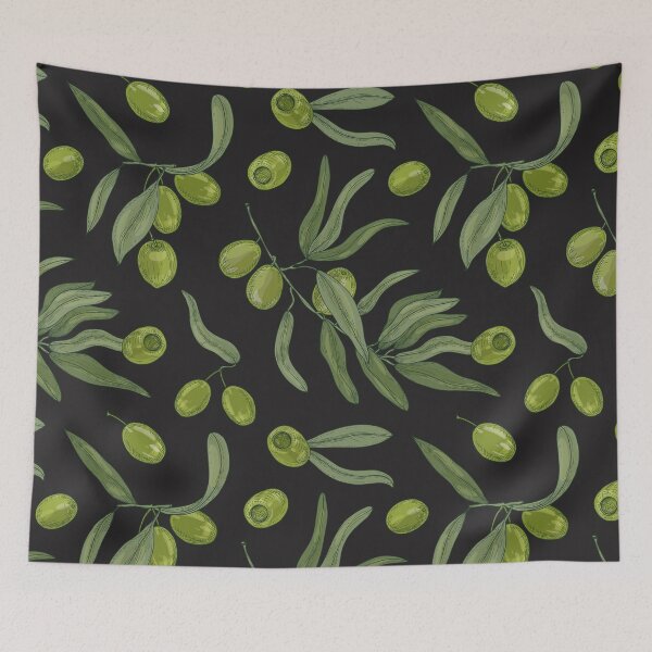 Item preview, Green Olives with Leaves on Black Pattern designed and sold by silviaol.